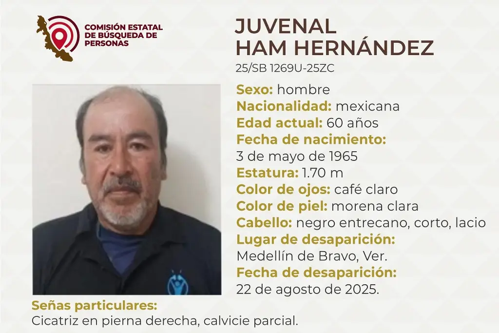 Imagen Desaparece hombre de la tercera edad en Medellín de Bravo; aquí sus características