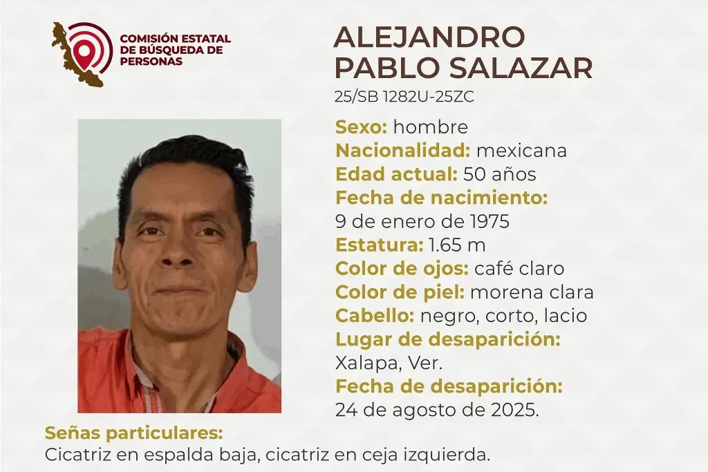 Imagen Desaparece hombre de 50 años en Xalapa, Veracruz; estas son sus características