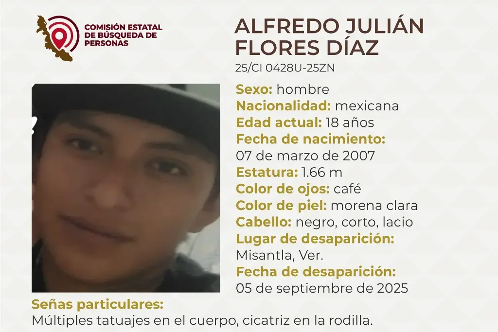 Imagen Piden apoyo para encontrar a joven desaparecido al norte de Veracruz; tiene tatuajes