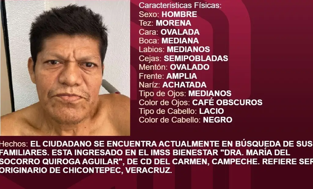 Imagen Buscan a familia de hombre hospitalizado en Campeche; es originario de Veracruz