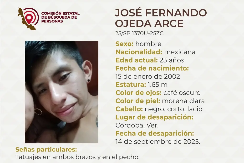 Imagen Él es José, tiene 23 años y desapareció en Córdoba, Veracruz; tiene tatuajes