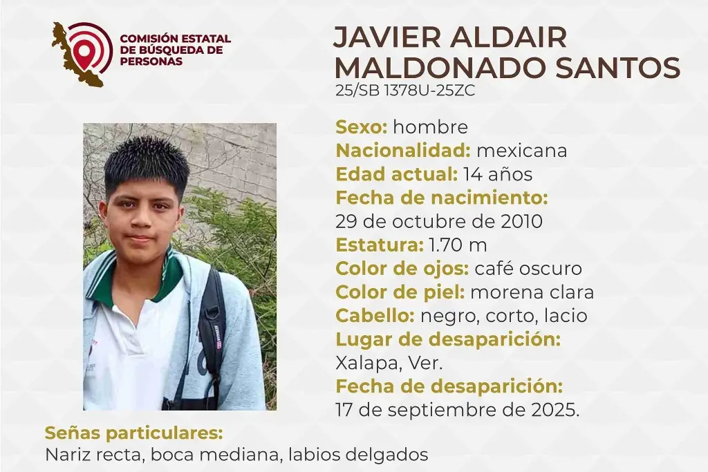 Imagen Piden apoyo para localizar a menor de edad desaparecido en Xalapa, Veracruz