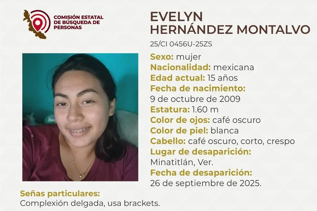 Imagen Piden apoyo para localizar a menor de edad desaparecida al sur de Veracruz 