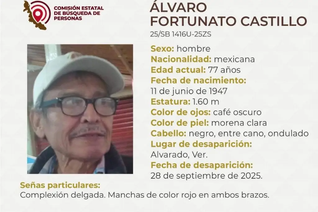 Imagen Desaparece hombre en Alvarado; estas son sus características 