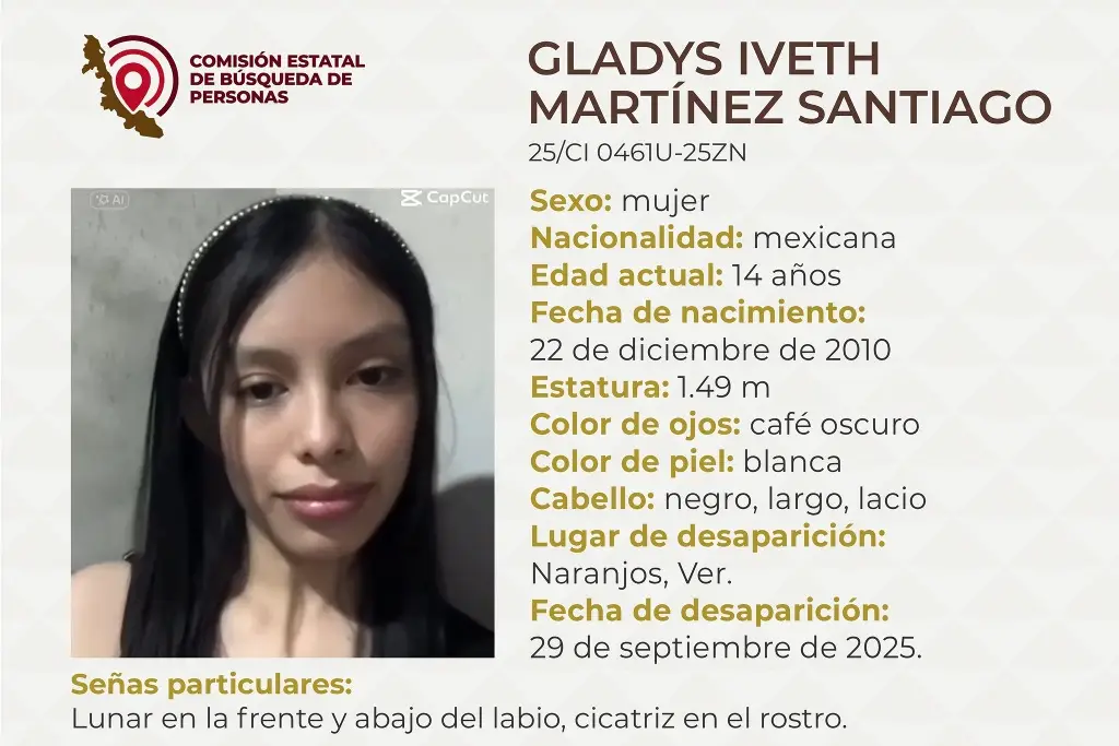 Imagen Piden apoyo para localizar a menor de edad desaparecida al norte de Veracruz 