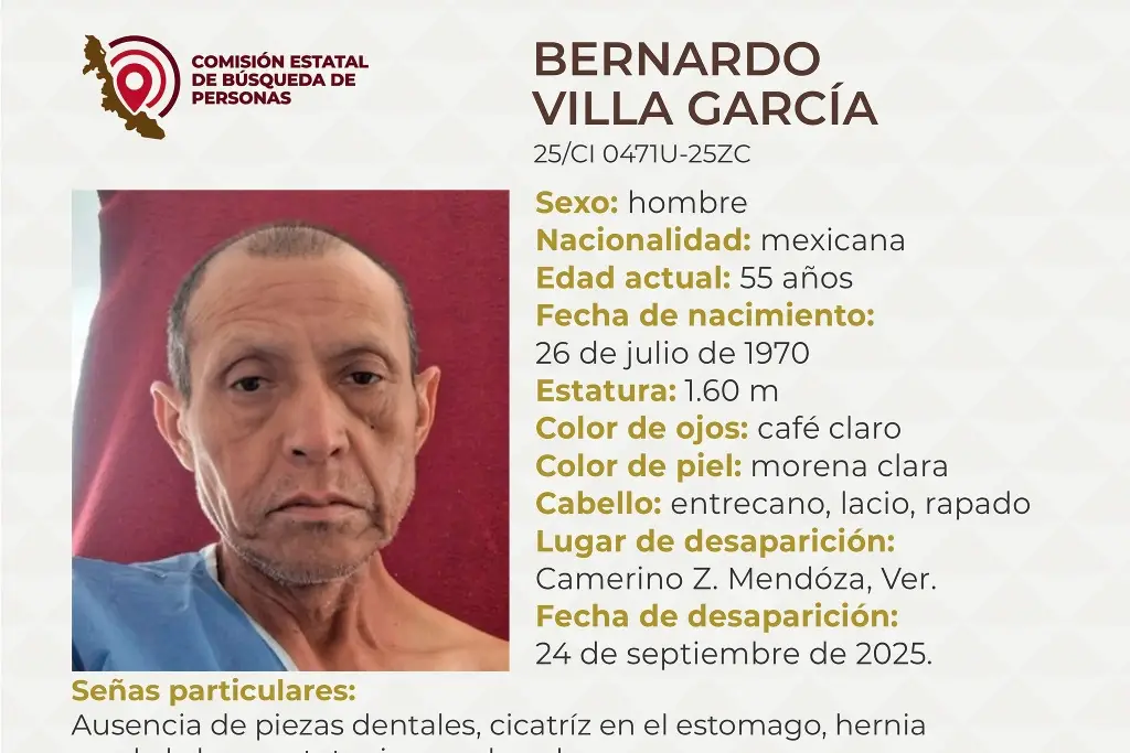 Imagen Él es Bernardo y desapareció en la zona centro del estado de Veracruz; aquí sus características 