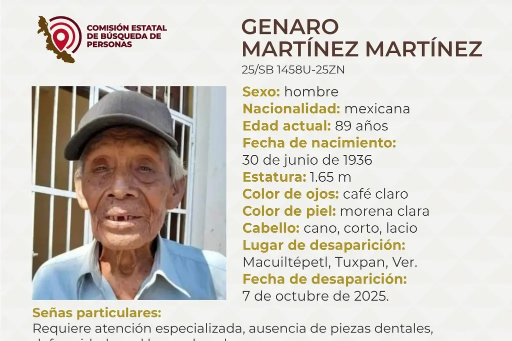 Imagen Piden apoyo para localizar a hombre de 89 años de edad al norte de Veracruz 