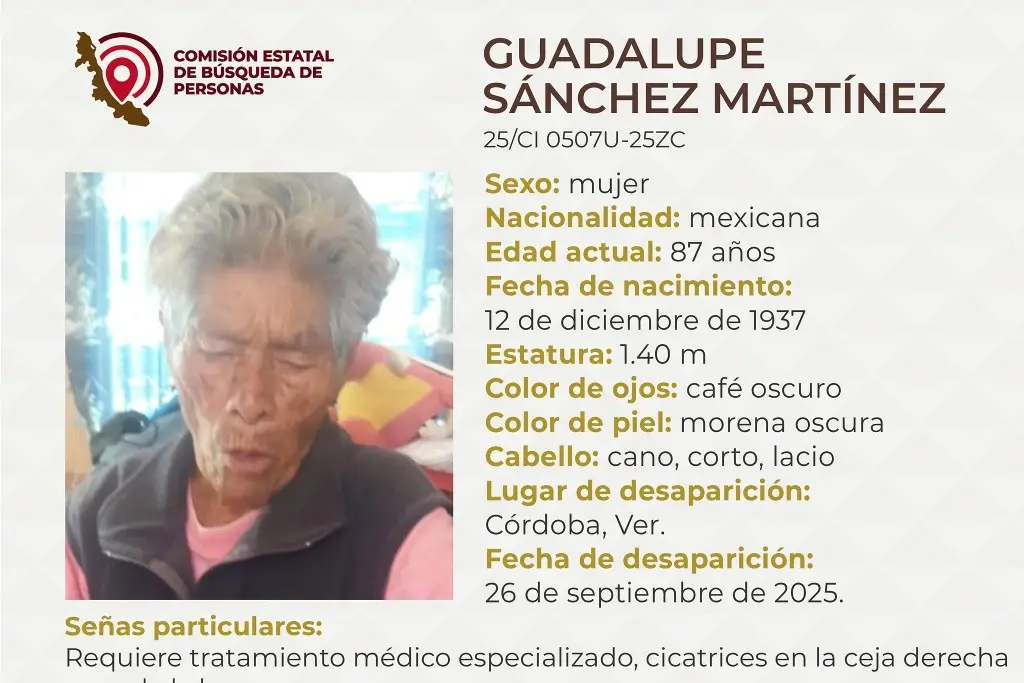 Imagen Mujer de 87 años de desaparece en Córdoba, Veracruz; estas son sus características