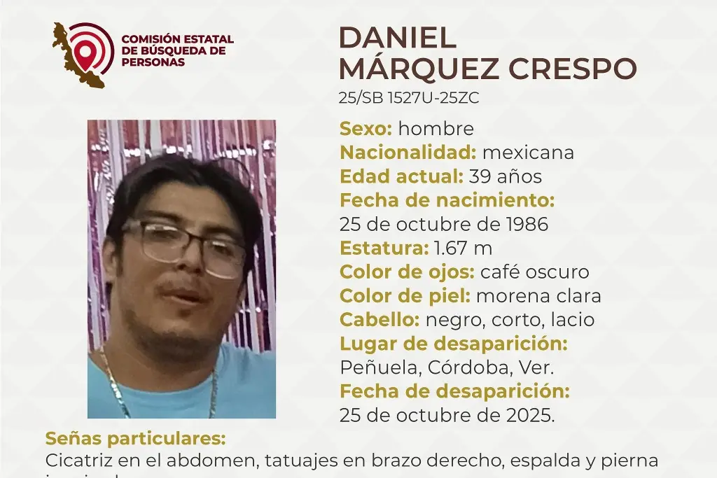 Imagen Piden apoyo para localizar a hombre desaparecido en Córdoba, Veracruz