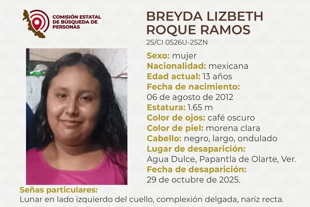 Imagen Piden apoyo para localizar a menor de edad desaparecida al norte de Veracruz