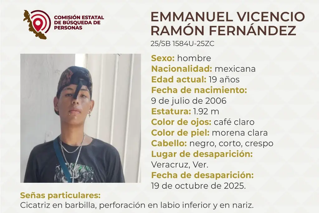 Imagen Piden apoyo para localizar a joven desaparecido en el puerto de Veracruz; mide casi 2 metros