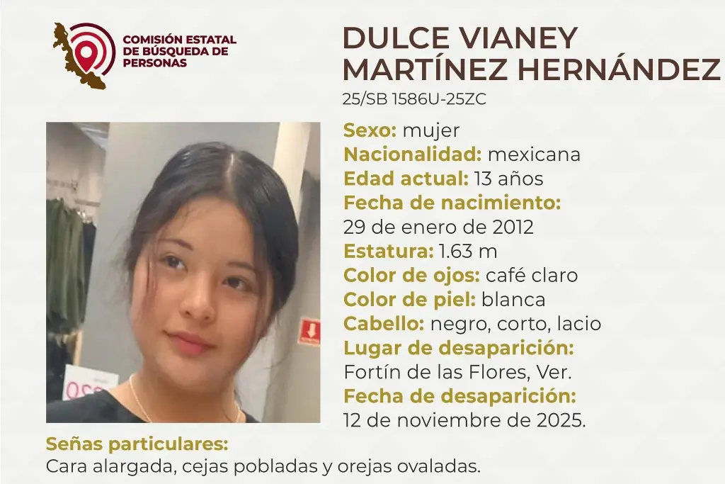 Imagen Piden apoyo para localizar a menor de edad desaparecida en Fortín, Veracruz 