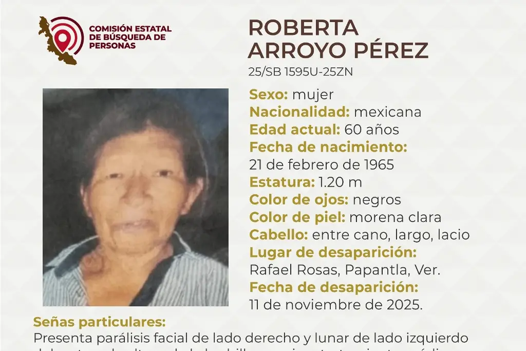 Imagen Desaparece mujer de la tercera edad al norte de Veracruz; estas son sus características