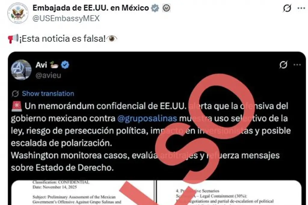 Imagen Embajada de EU desmiente supuesto informe sobre 'persecución' contra Grupo Salinas