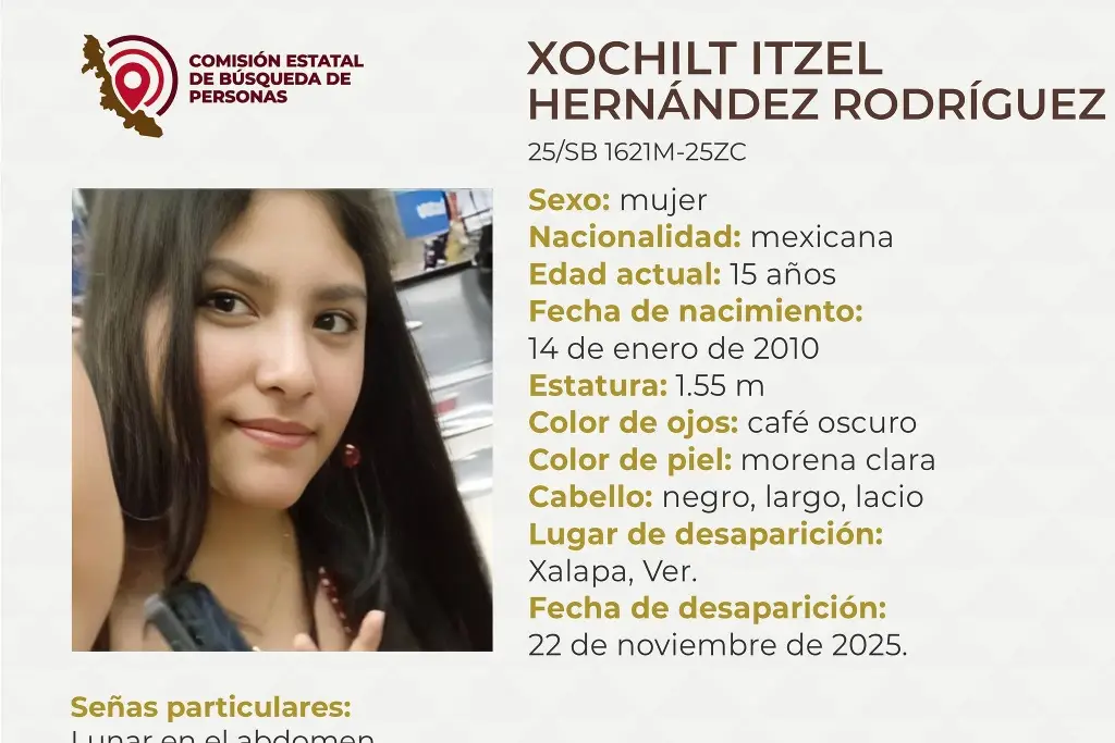 Imagen Piden apoyo para localizar a menor de edad desaparecida en Xalapa, Veracruz 