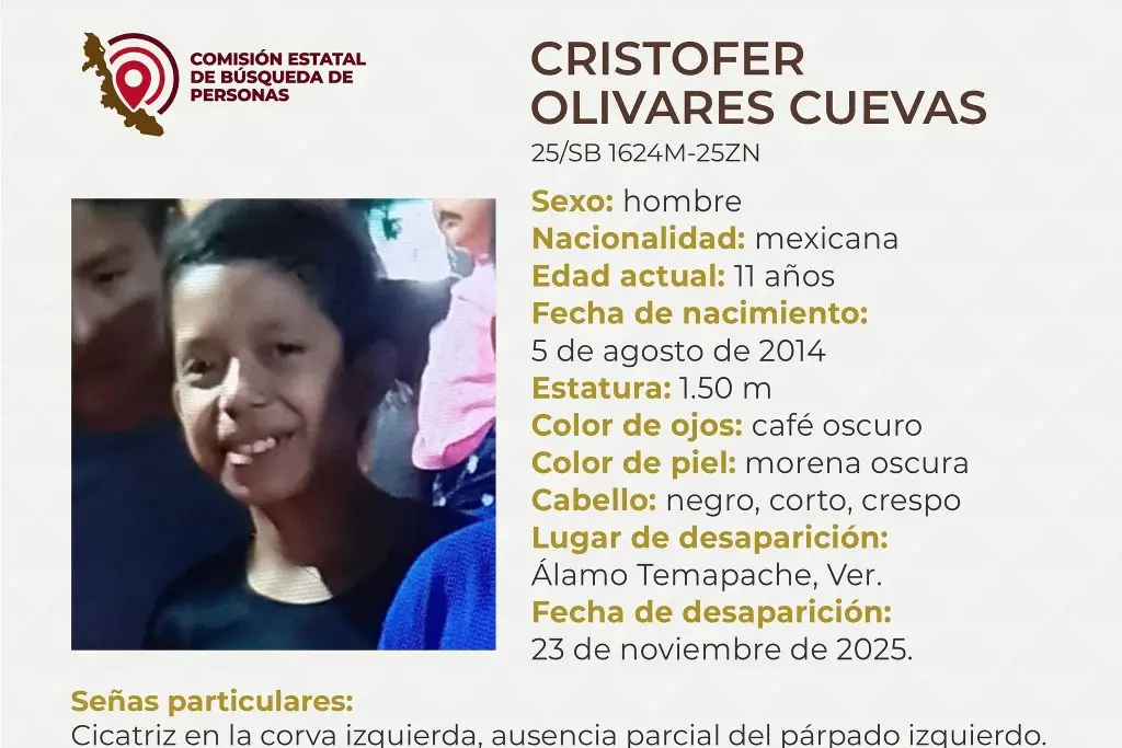 Imagen Piden apoyo para localizar a menor de 11 años desaparecido al norte de Veracruz 