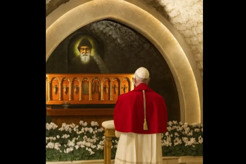 Imagen Papa León XIV reza en la tumba de san Charbel; pide paz para Líbano y todo Oriente Medio (+Video)