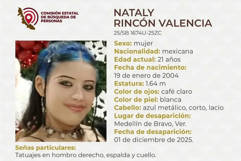 Imagen Piden apoyo para localizar a joven mujer desaparecida en Medellín de Bravo