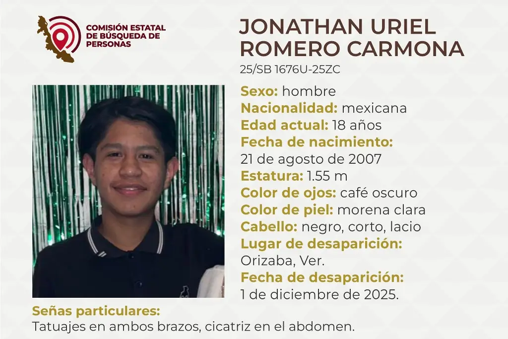 Imagen Desaparece joven en Orizaba, Veracruz; estas son sus características 