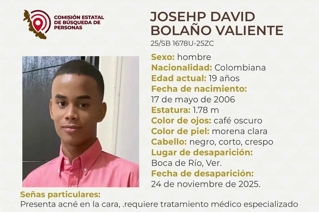 Imagen Desaparece joven originario de Colombia en Boca del Río; aquí sus características