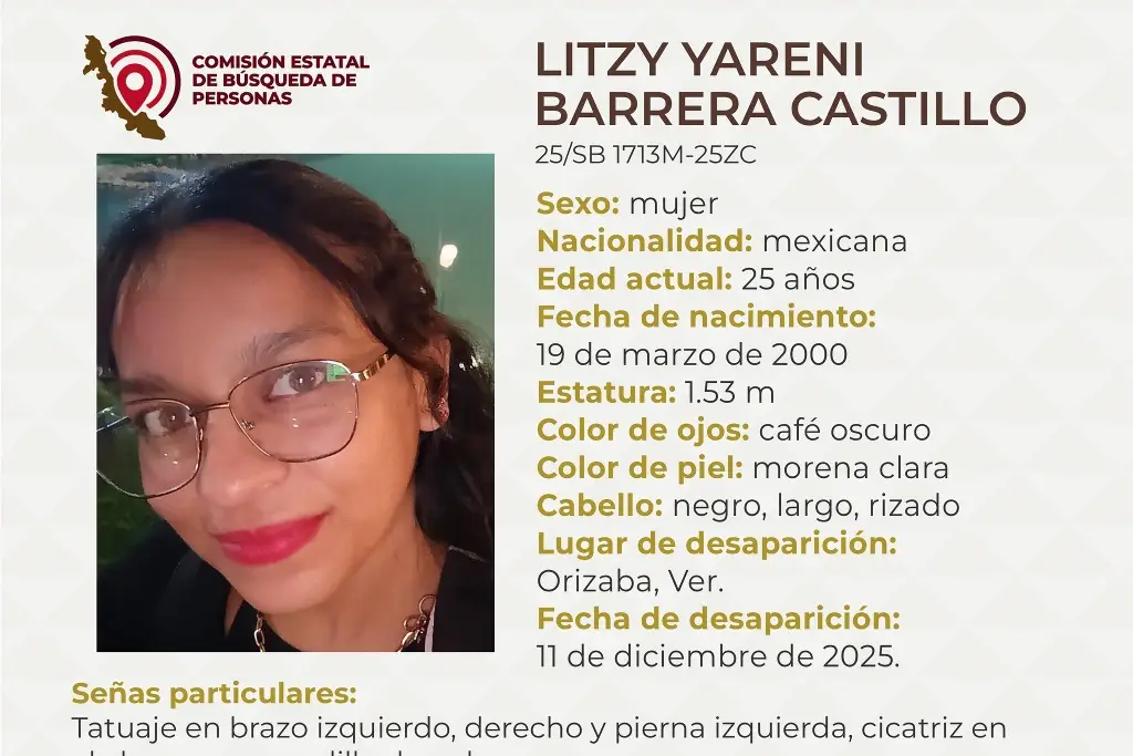 Imagen Piden apoyo para localizar a joven mujer desaparecida en Orizaba, Veracruz