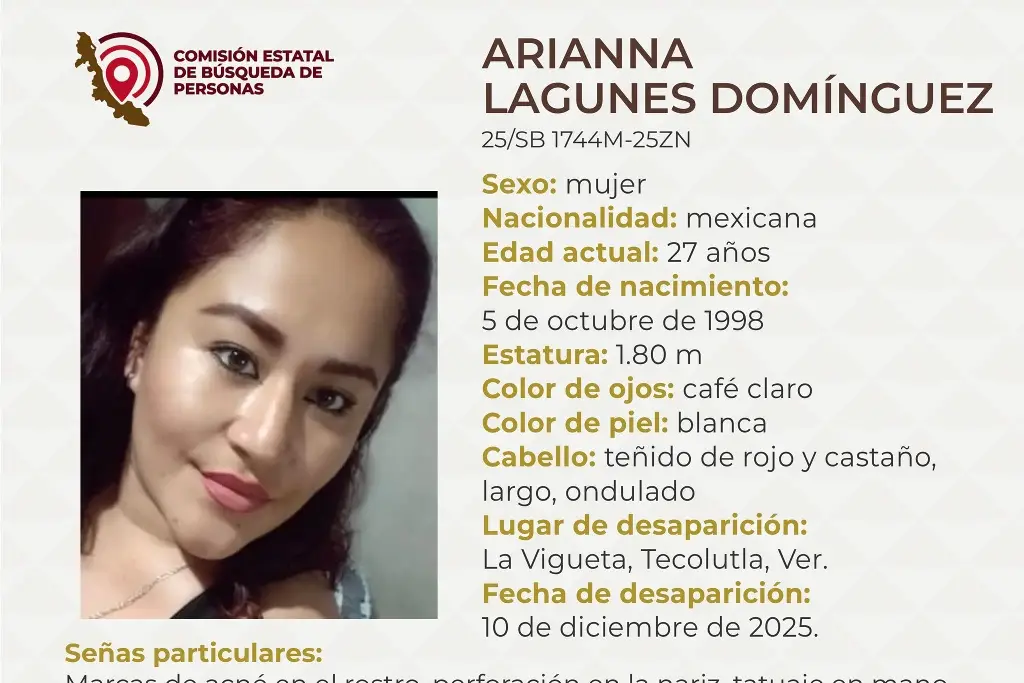 Imagen Piden apoyo para localizar a joven mujer desaparecida al norte de Veracruz