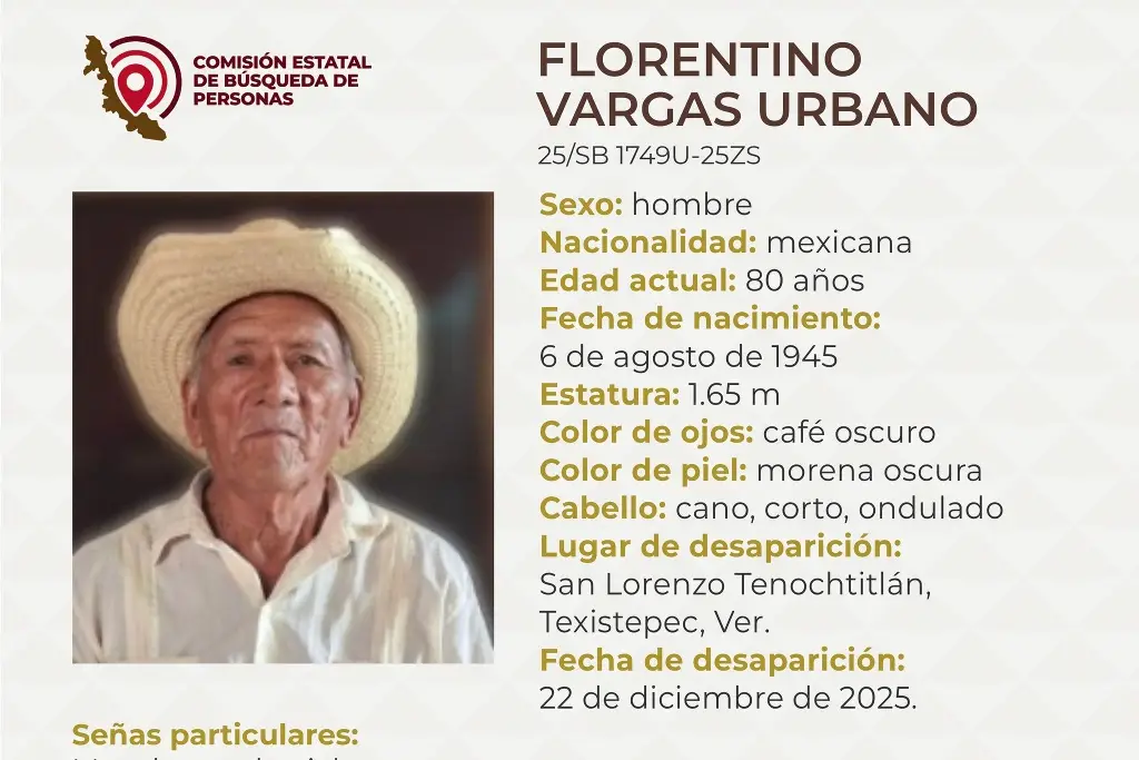 Imagen Hombre de 80 años desaparece al sur de Veracruz; estas son sus características 