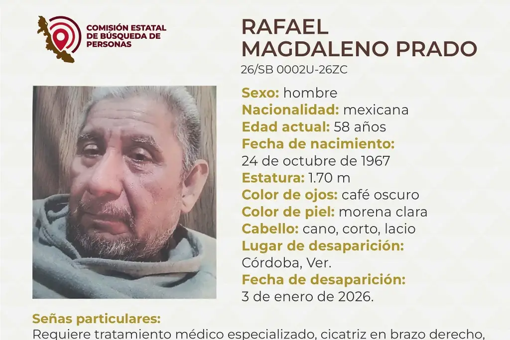 Imagen Piden apoyo para localizar a hombre desaparecido en Córdoba, Veracruz 