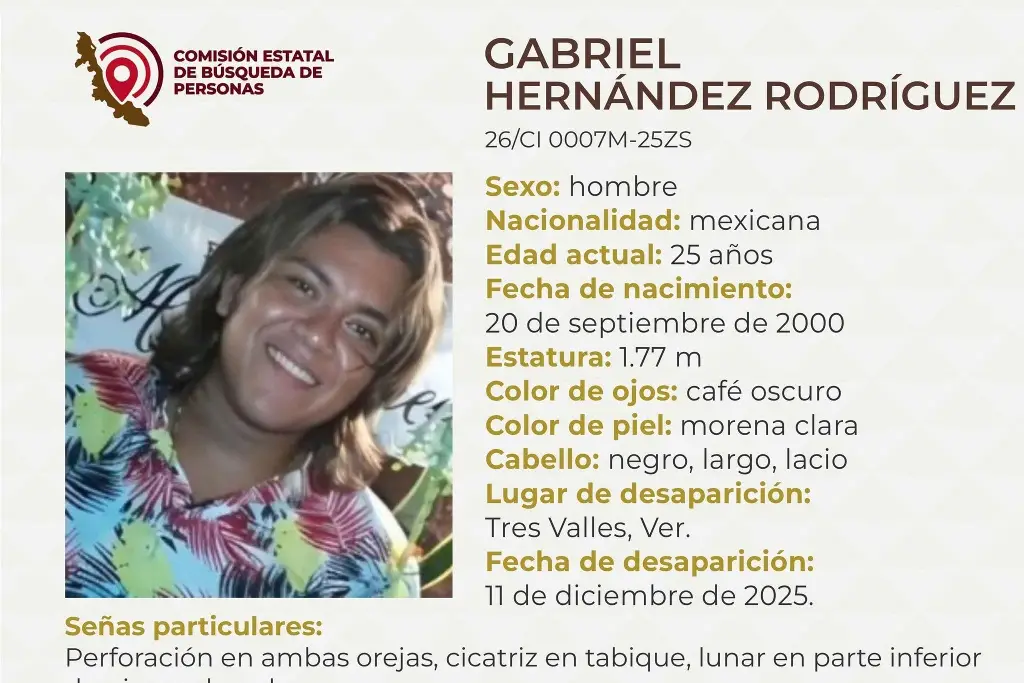 Imagen Piden apoyo para localizar a joven desaparecido en Tres Valles, Veracruz