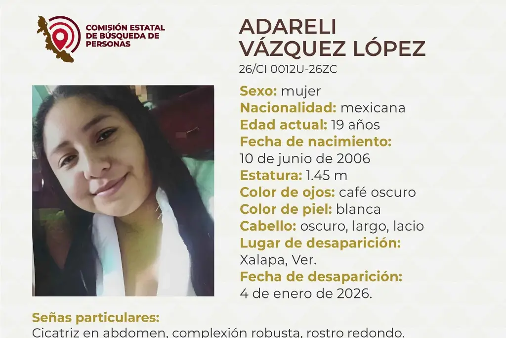 Imagen Piden apoyo para localizar a joven mujer desaparecida en Xalapa, Veracruz 