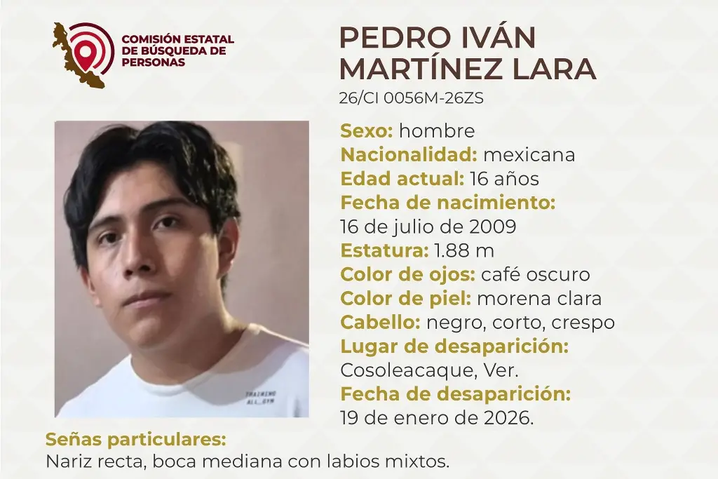 Imagen Menor de edad desaparece en Cosoleacaque, Veracruz; mide casi 1.90 metros