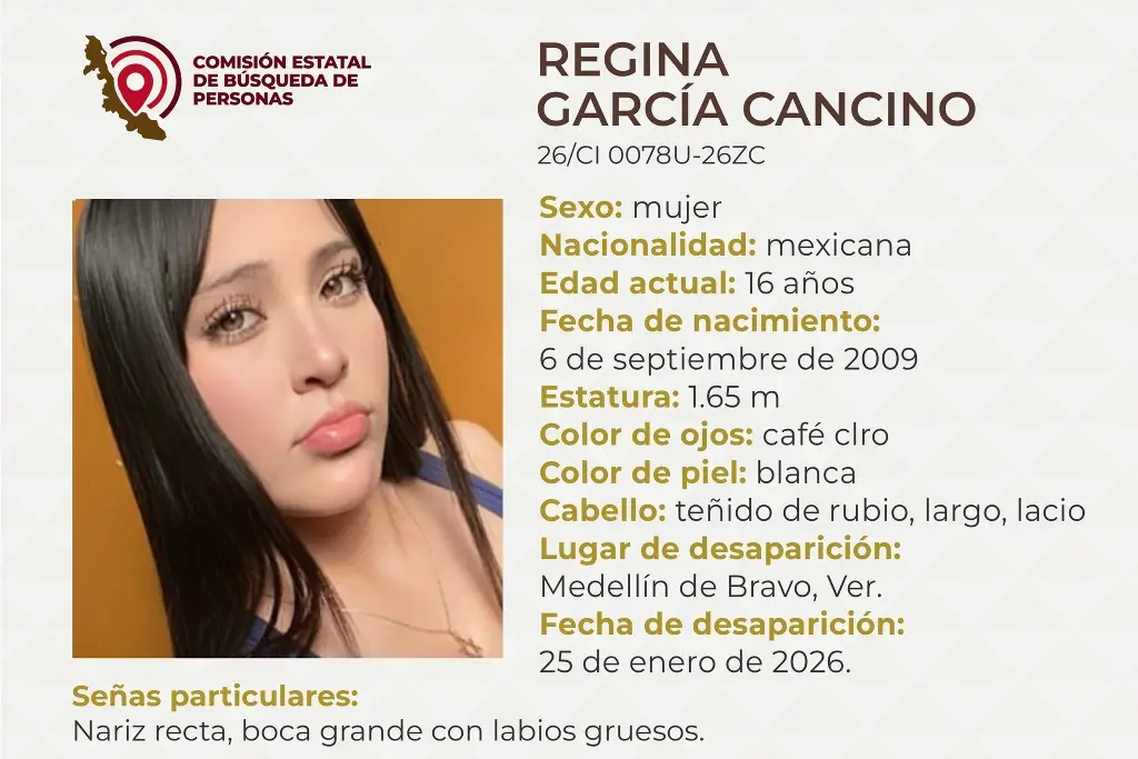 Imagen Piden apoyo para localizar a menor de edad desaparecida en Medellín de Bravo