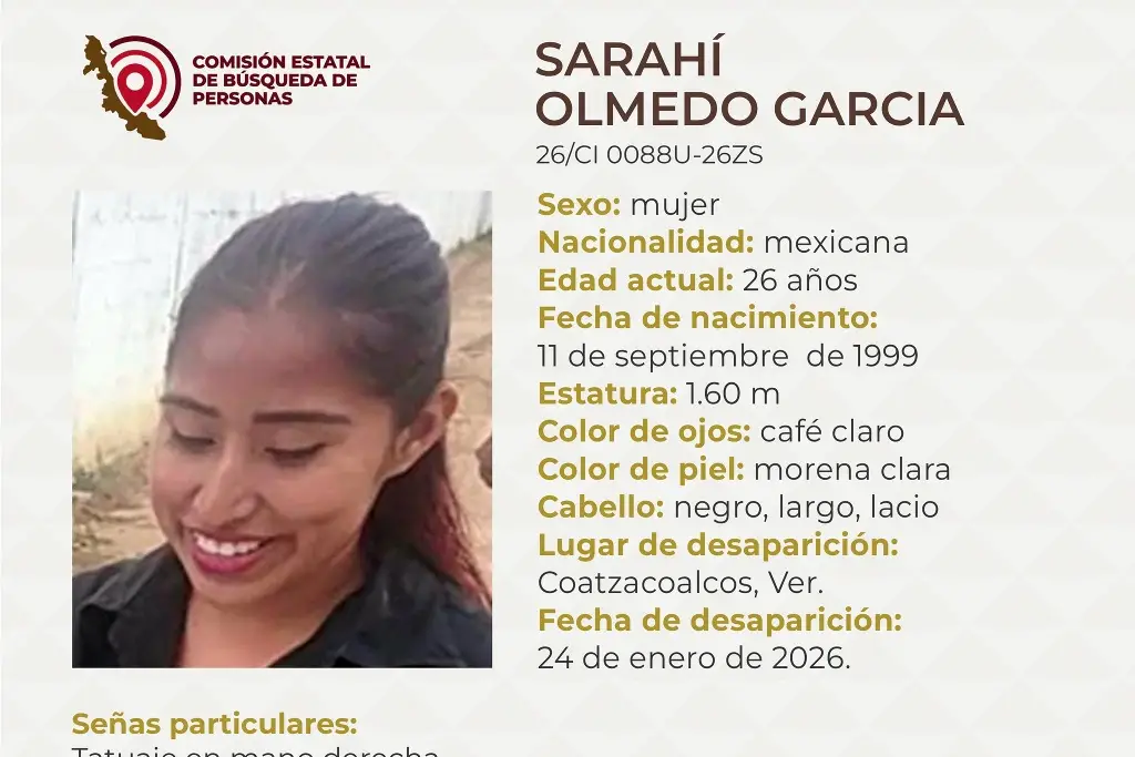 Imagen Piden apoyo para localizar a joven mujer desaparecida al sur de Veracruz 