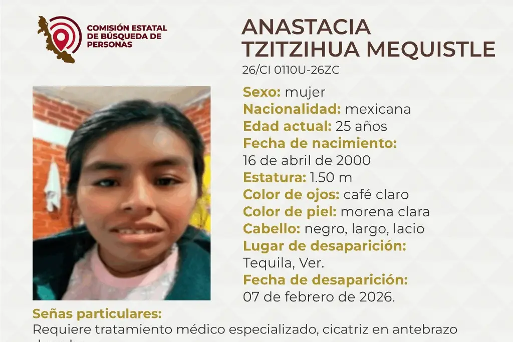 Imagen Piden apoyo para localizar a joven desaparecida en Tequila, Veracruz 