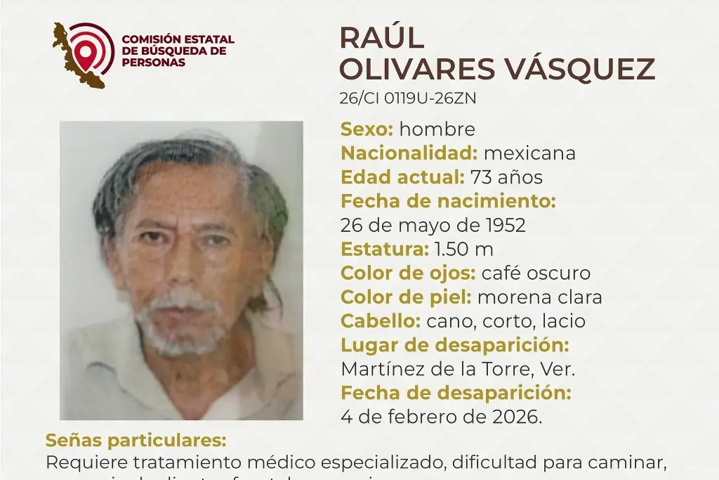 Imagen Adulto mayor desapareció al norte de Veracruz; estas son sus características 