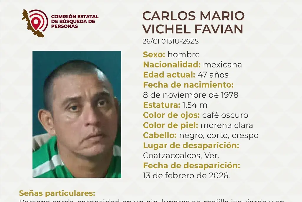 Imagen Piden apoyo para localizar a hombre desaparecido al sur de Veracruz; es sordo