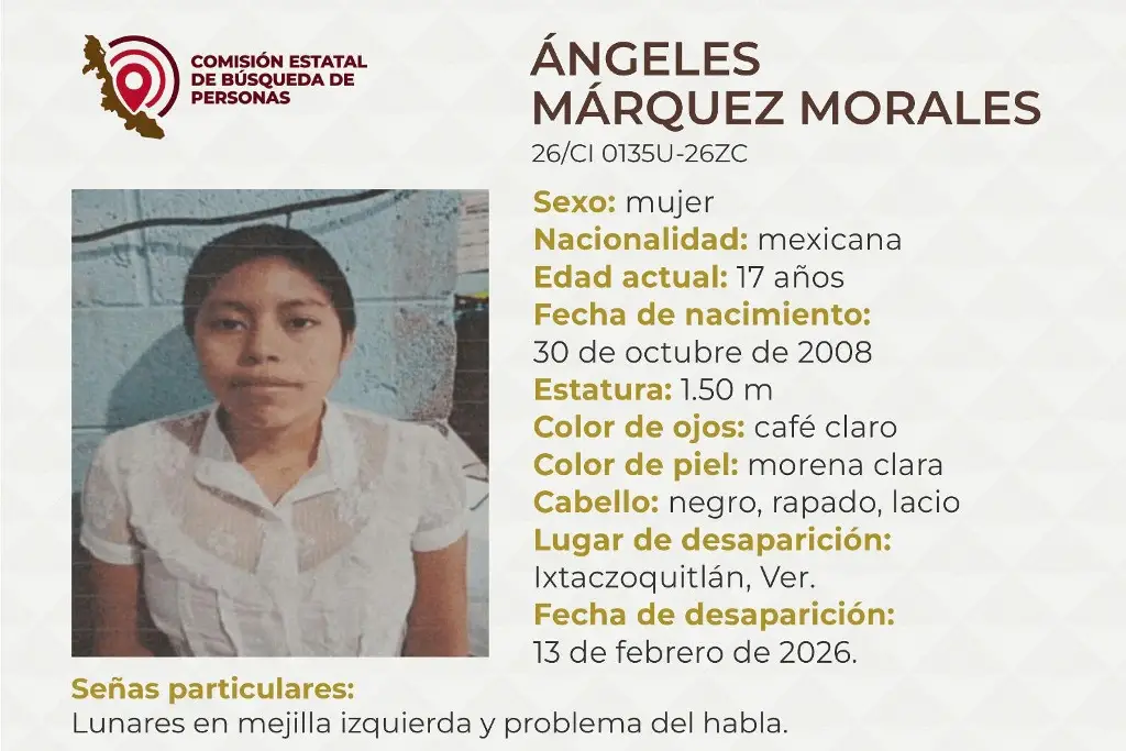 Imagen Piden apoyo para localizar a menor de edad desaparecida en Ixtaczoquitlán, Veracruz