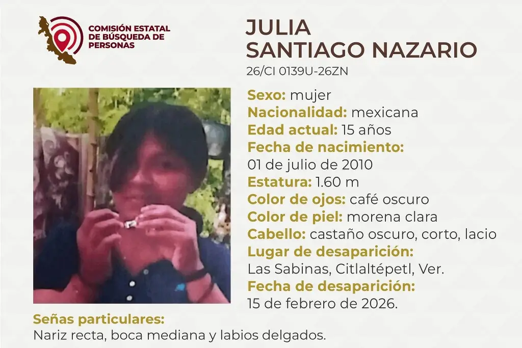 Imagen Piden apoyo para localizar a menor de edad desaparecida al norte de Veracruz 