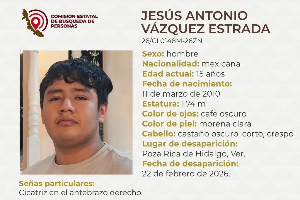 Imagen Piden apoyo para localizar a menor de edad desaparecido al norte de Veracruz 