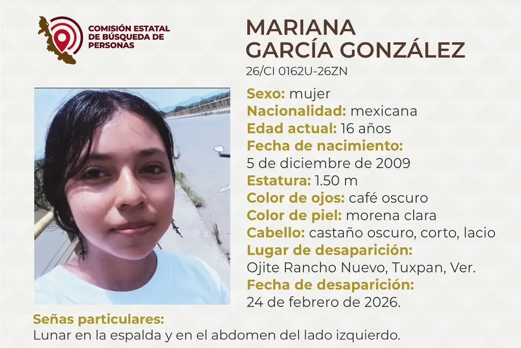 Imagen Piden apoyo para localizar a menor de edad desaparecida al norte de Veracruz 