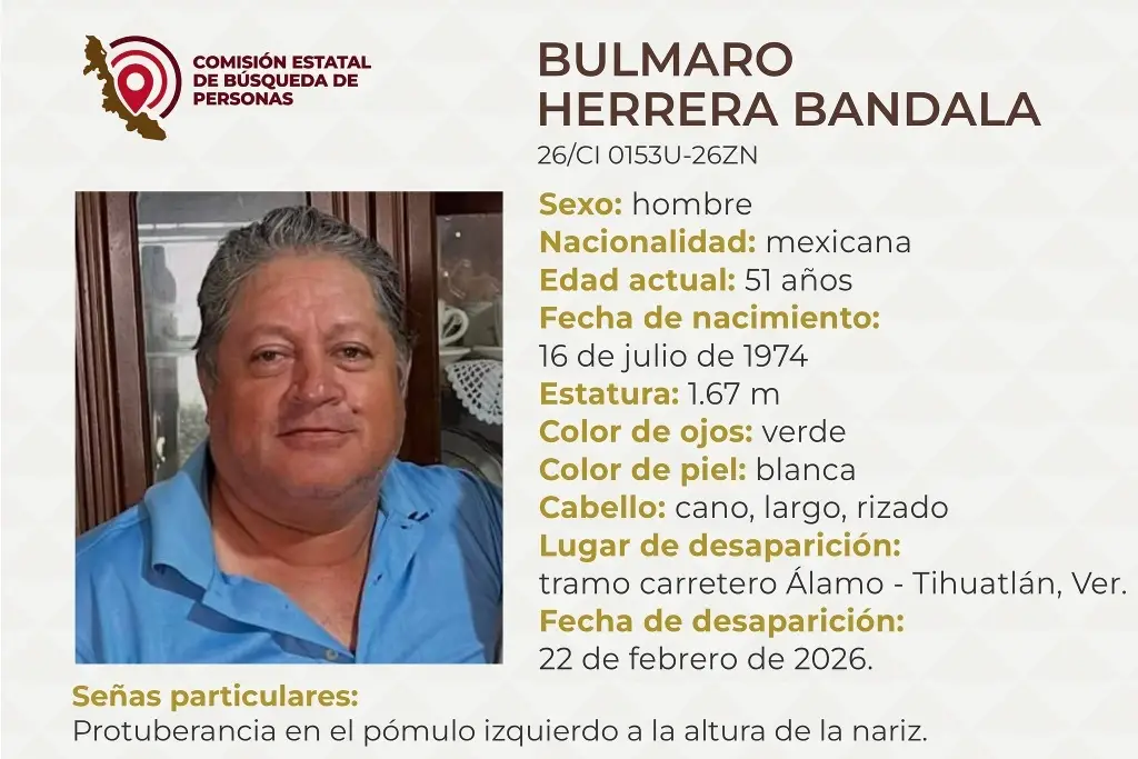 Imagen Se cumple un mes de la desaparición de Bulmaro Herrera al norte de Veracruz 