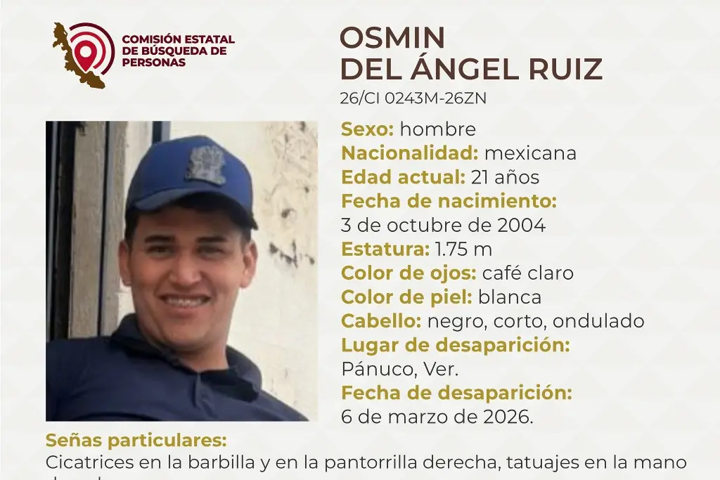 Imagen Piden apoyo para localizar a joven desaparecido en Pánuco, Veracruz 