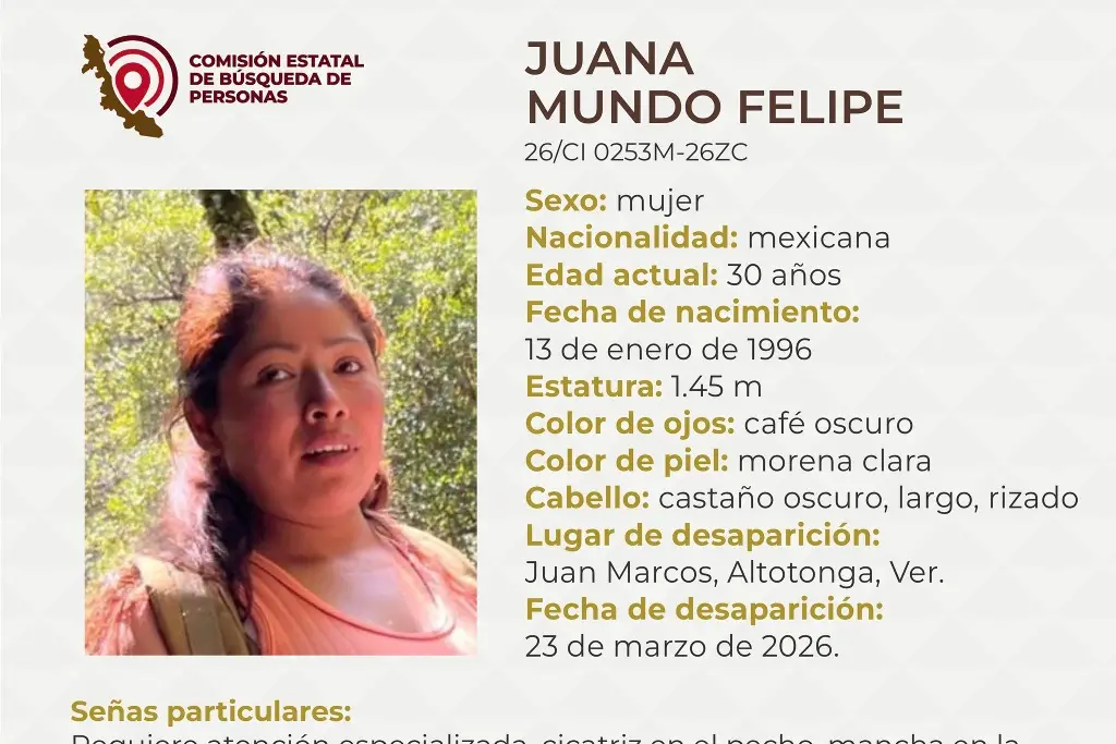 Imagen Piden apoyo para localizar a joven mujer desaparecida en Altotonga, Veracruz 