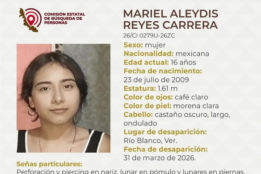 Imagen Menor de edad desaparece en Río Blanco, Veracruz; estas son sus características 