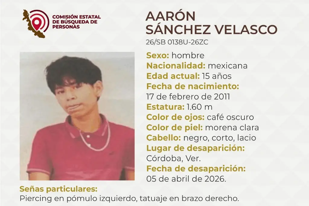 Imagen Piden apoyo para localizar a menor de edad desaparecido en Córdoba, Veracruz 