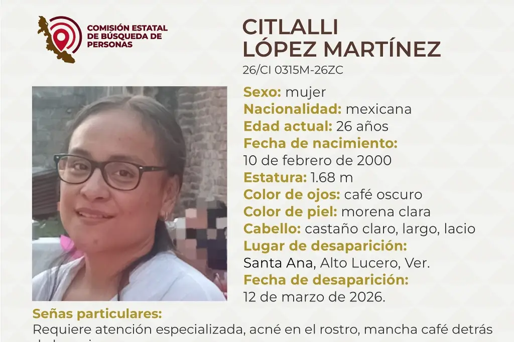 Imagen Piden apoyo para localizar a joven mujer desaparecida en Alto Lucero, Veracruz 