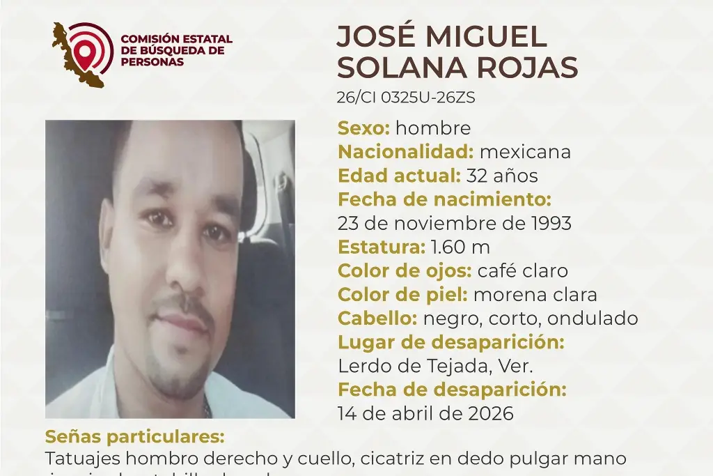 Imagen Piden apoyo para localizar a hombre desaparecido en Lerdo de Tejada, Veracruz 