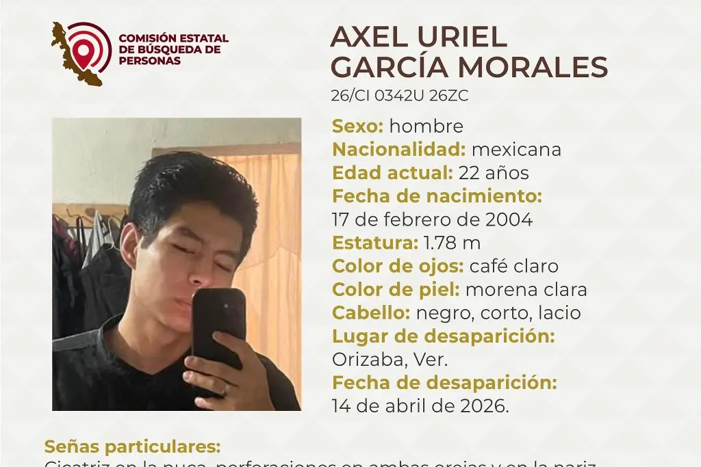 Imagen Desaparece joven en Orizaba, Veracruz; estas son sus características 