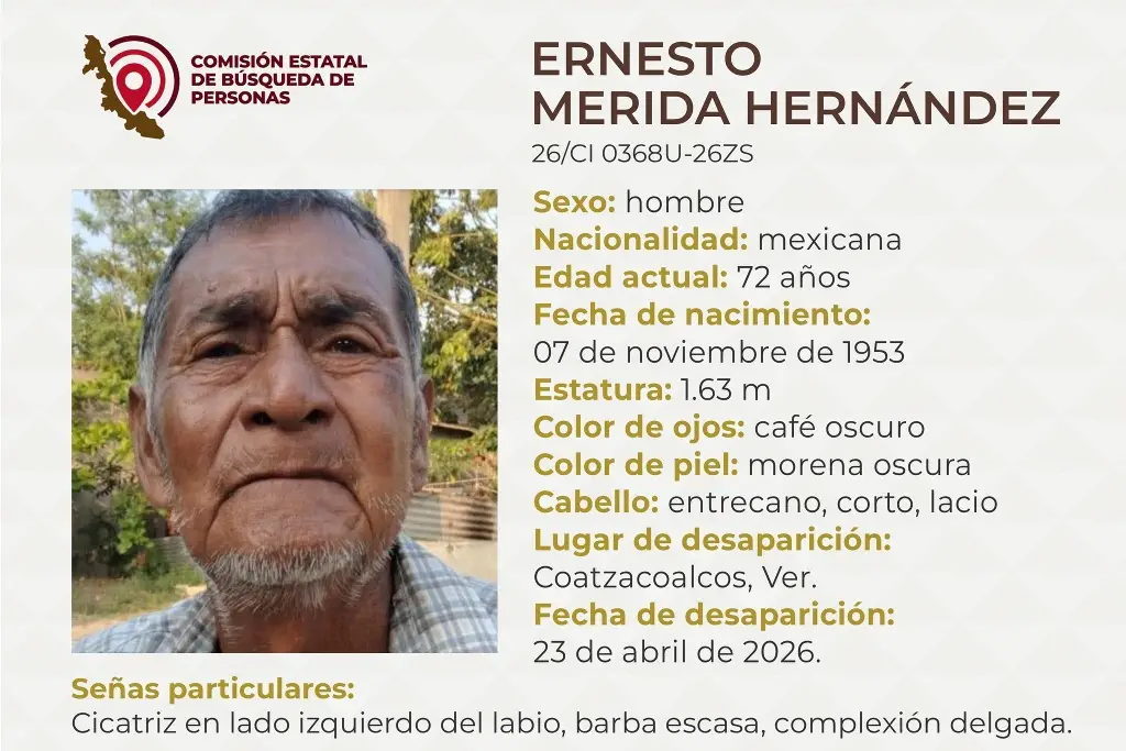 Imagen Desaparece hombre de la tercera edad al sur de Veracruz; aquí sus características