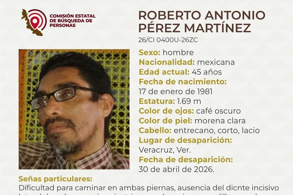 Imagen Desaparece hombre en el puerto de Veracruz; tiene dificultad para caminar 